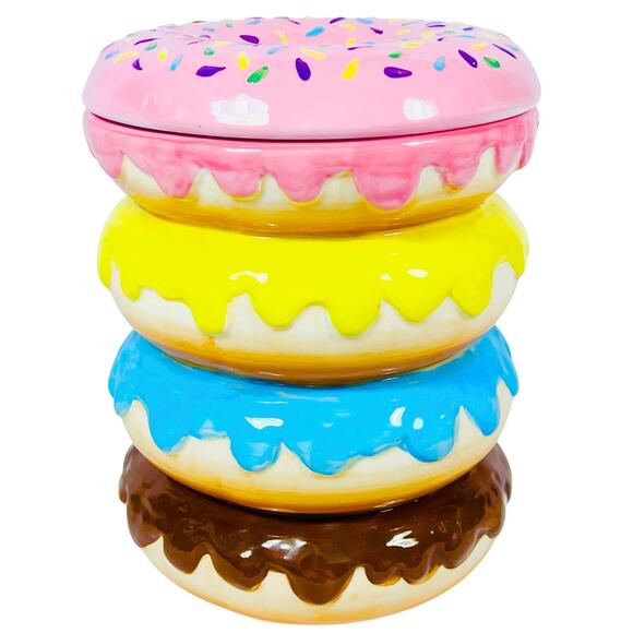 Coco + Lola Donut Cookie Jar Colorful Stack of Donuts Ceramic Kitchen Decor Used - Picture 1 of 9